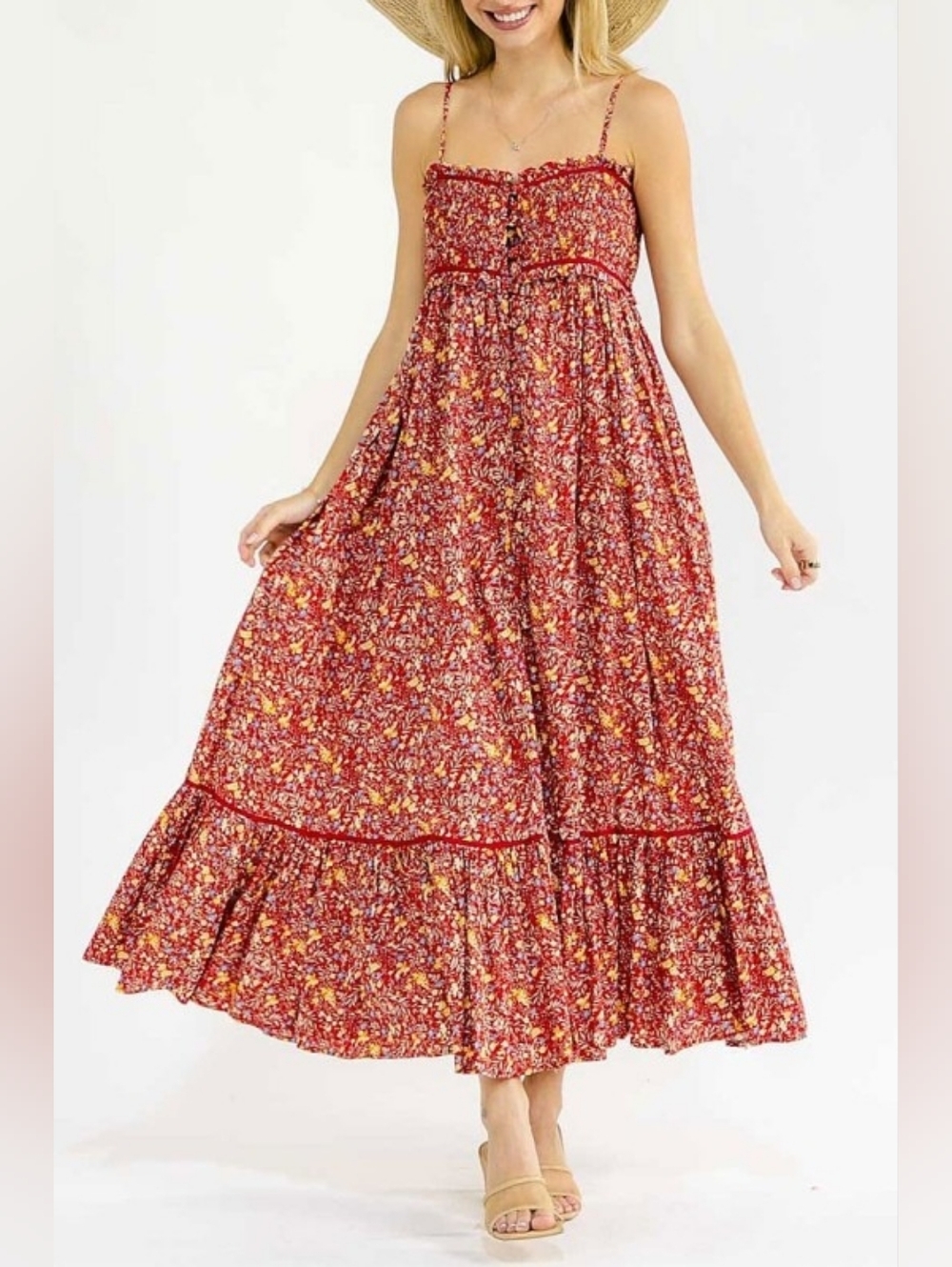 2-0515 Ditsy Floral Americana Red Tiered Maxi Sundress